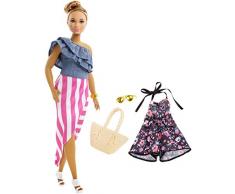Barbie Fashionistas poupée mannequin #102 aux cheveux châtains avec haut en jean et jupe rayée, fournie avec deuxième tenue, jouet pour enfant, FRY82