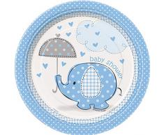 Unique Party - 41694 - Paquet de 8 Assiettes en Carton - Baby Shower Éléphant - Bleu - 18 cm