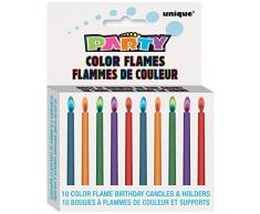 Unique Party - 34099 - Paquet de 10 Bougies dAnniversaire à Flamme Colorée et Bougeoirs