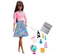 Barbie Métiers poupée professeur brune, avec 10 accessoires éducatifs, dont globe rotatif et ordinateur portable, jouet pour enfant, GDJ35