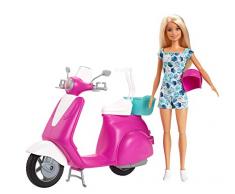 Barbie Mobilier poupée​ blonde avec son scooter rose et blanc, casque inclus, jouet pour enfant, GBK85