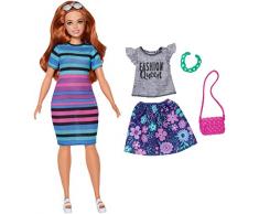 Barbie Fashionistas poupée mannequin #84 rousse avec robe à rayures bleues et roses, fournie avec deuxième tenue, jouet pour enfant, FJF69