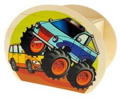 Hess 15220 Tirelire en Bois avec clés, Trucks Monsters, Cadeau pour Les Enfants danniversaire, env. 11,5 x 8,5 x 6,5 cm, Multicolore