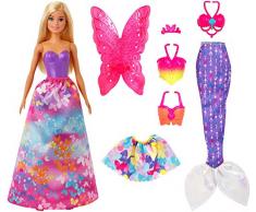 Barbie Dreamtopia poupée Papillons coffret 3-en-1 blonde avec trois tenues roses de princesse, sirène et fée, jouet pour enfant, GJK40