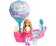 Barbie Dreamtopia mini-poupée Chelsea et son Voilier des Rêves avec ballon en tissu imprimé nuages et figurine de chiot, jouet pour enfant, DWP59
