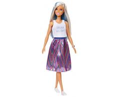 Barbie Fashionistas poupée mannequin #120 aux long cheveux blancs et mèches bleues, débardeur blanc et jupe longue colorée, jouet pour enfant, FXL53
