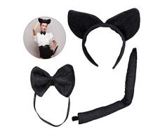 Relaxdays, noir Chat en lot de 3, Serre-tête à oreilles en peluche, Noeud-papillon, Accessoire de costume, Adulte unisexe, 10027959, éléments