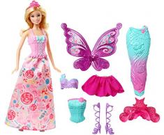 Barbie Dreamtopia poupée Bonbons coffret 3 en 1 blonde avec trois tenues roses de princesse, sirène et fée, jouet pour enfant, DHC39