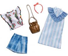 Barbie Fashionistas Kit Vêtements, 2 Tenues pour Poupée dont Robe-Chemise à Rayures, Short en Jeans, Tee-Shirt et Accesssoires, Jouet pour Enfant, FXJ63