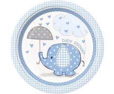 Unique Party - 41695 - Paquet de 8 Assiettes en Carton - Baby Shower Éléphant - Bleu - 21.9 cm