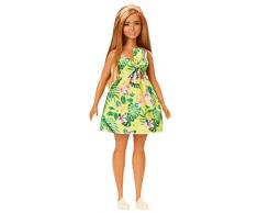 Barbie Fashionistas poupée mannequin #126 aux cheveux châtains avec robe tropicale jaune à fleurs et baskets blanches, jouet pour enfant, FXL59
