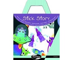 Maildor AF009O - Une valisette Stickstory comprenant 2 décors + 4 planches de stickers repositionnables, Monstres (34 stickers)