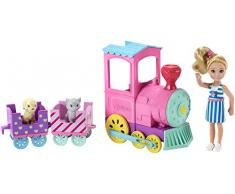 Barbie Famille mini-poupée Chelsea et son Train des Animaux multicolore avec deux wagons et deux figurines de chien et chat, jouet pour enfant, FRL86