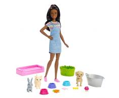 Barbie Famille Coffret le Bain des Animaux, poupée Brune avec Figurines Chiot, Chaton et lapin, Accessoires, Jouet pour Enfant, FXH12