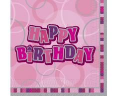 Unique Party 28432 - Serviettes en Papier Happy Birthday Rose Glitz, Paquet de 16