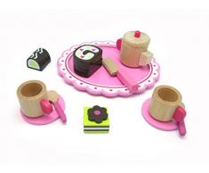 Tooky Toy - Service à thé en bois - assiette à gâteau rose, gâteau, couverts pour enfants et service à thé inclus - Jeu de cuisine pour enfants
