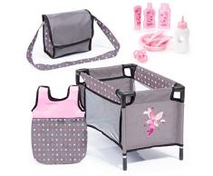 Bayer Design- Ensemble daccessoires pour poupée, 11 en 1, Jeu dImitation, Couchage, Sac à bandoulière, lit de Voyage, Produits de Soin, biberon et tétine, 61766AB, Gris, Rose avec Fée