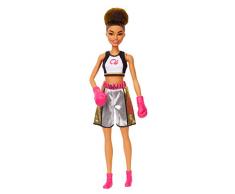Barbie Métiers poupée Boxeuse brune, portant une brassière, un short métallisé et des gants de boxe roses, jouet pour enfant, GJL64
