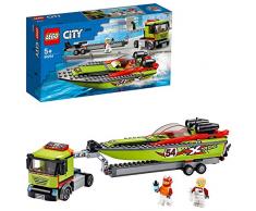 LEGO City Super véhicules, Le transport du bateau de course, Camion à remorque et bateau de course, Jouet de bain flottant pour enfants de 5 à 7 ans, 218 pièces, 60254