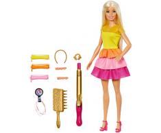 Barbie Coffret poupée Cheveux Bouclés Blonde, 2 Modes pour Boucles les Cheveux sans Chaleur, Accessoires de Coiffure inclus, Jouet pour Enfant, GBK24