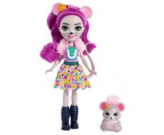 Enchantimals Mini-poupée Mayla Souris et figurine animale Fondue aux longs cheveux violets bouclés, jupe amovible et faux col, jouet pour enfant, FXM76