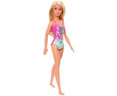 Barbie Plage poupée blonde en maillot de bain une pièce rose et bleu, jouet pour enfant, GHW37