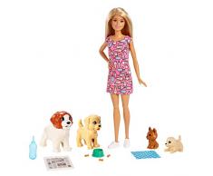 Barbie coffret poupée et ses 4 chiens, dont 2 figurines qui peuvent faire leurs besoins, accessoires inclus, jouet pour enfant, FXH08