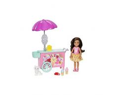 Barbie Famille mini-poupée brune Chelsea et son Chariot à Glaces avec figurine de chat et petits accessoires, jouet pour enfant, FDB33