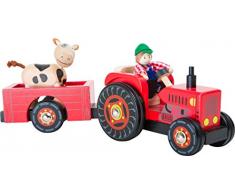 small foot 10316 Tracteur avec remorque « Ferme » en bois, avec poupées pliables fermier et vache, pneus en caoutchouc, à partir de 3 ans