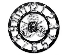 Top Race Horloge murale ronde de 16 pouces, conception dengrenages vintage 3D à la main en bois fait à la main, par Chevy K. (argent avec chiffres)