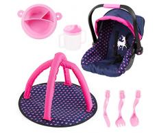 Bayer Design- Accessoires pour Poupée, siège Auto, Un Tapis déveil, Une Vaisselle, 67954AB, Bleu, Rose avec Licorne