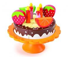 Small Foot 10167 Gâteau d´Anniversaire en Bois, avec Assiette & Accessoires avec Fermetures Velcro pour la Cuisine pour Enfants, à partir de 3 Ans