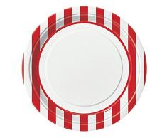 Unique Party 38005 - Assiettes en Carton au Motif Rayé Rouge de 21.9 cm , Paquet de 8