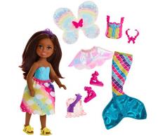 Barbie Dreamtopia Mini-poupée Chelsea Arc-en-ciel coffret 3-en-1 Brune avec trois tenues de princesse, sirène et fée, Jouet pour Enfant, FJD01