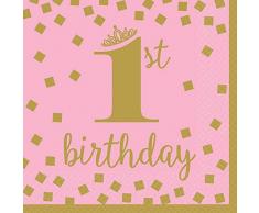 Amscan International 511861 papier et plastique Vaisselle, Serviette Lunch 1er anniversaire Rose et Doré