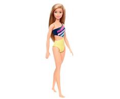 Barbie Plage poupée blonde en maillot de bain une pièce asymétrique bleu marine et jaune à rayures, jouet pour enfant, GHW41