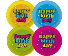 Lot de 8 Assiettes de fête « Happy Birthday » pour Anniversaire | Trend 2019 : 4 x 2 Couleurs Multicolores | Assiettes jetables pour Anniversaire denfant | Assiettes en Carton pour fête à thème