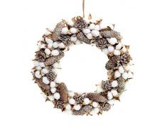 Shatchi 15529-WREATH Couronne de Noël faite à la main avec des boules de coton véritable, pommes de pin vintage Décoration de la maison de Noël Vert 22 cm