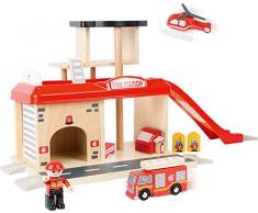 small foot 10798 Caserne de pompiers et ses accessoires , y compris un camion de pompiers, un pompier et un hélicoptère, à partir de 3 ans