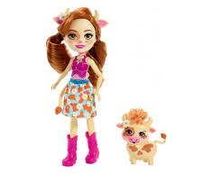 Enchantimals Mini-poupée Cailey Vache et Figurine Animale Curdle, aux Longs Cheveux Roux, avec Jupe Amovible et Bottes, Jouet pour Enfant, FXM77