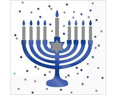 Amscan 51777702 Happy Hanukkah Lot de 16 serviettes de table 2 plis Motif menorah 33 cm
