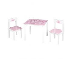 roba Set table et chaises pour enfants Queen, set de meubles pour enfants avec 2 chaises pour enfants et un table, set imprimé avec princesse, château, licorne en rose.