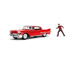 Jada Toys- Pesadilla en Elm Street coche Cadillac Series 62 1958 Metal Con Figura 1:24 Voiture Miniature de Collection, 253255004-31102R, Rouge
