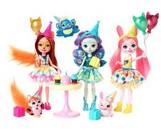 Enchantimals Coffret Anniversaire Enchanté, 3 mini-poupées, leurs figurines animales et accessoires, jouet pour enfant, GJX22