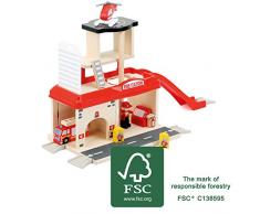 Small Foot 10900 Caserne de pompiers en bois naturel certifié 100% FSC, jeu de rôle avec accessoires,à partir de 3 ans Jouets, multicolore