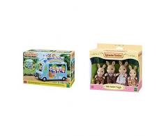 SYLVANIAN FAMILIES-Le Bus Arc-en-Ciel Animaux Mini-Univers, 5317, Multicolore & 3144 - Famille Lapin Crème - Mini Poupée