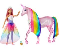Barbie Dreamtopia Licorne rose Lumières Magiques avec crinière arc-en-ciel, sons et lumières, poupée princesse incluse, jouet pour enfant, FXT26