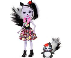 Enchantimals Mini-poupée Sage Moufette et figurine animale Caper aux longs cheveux noirs et blancs, jupe amovible et faux col, jouet pour enfant, FXM72