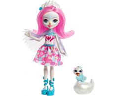 Enchantimals Mini-poupée Saffi Cygne et Figurine Animale Poise, aux cheveux roses avec jupe à motifs en tissu, jouet enfant, FRH38