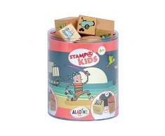 Aladine - Stampo Kids - Tampons Enfant - Activités Manuelles Fille et Garçon - Jouets et Jeux Créatifs pour Enfants - Boîte de 15 Tampons Support Bois + Encreur Inclus - Dès 5 ans (STAMPO KIDS PIRATES)